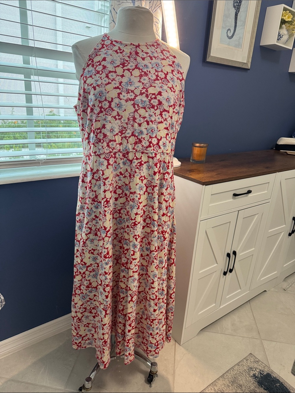 Chaps Floral Halter Midi Dress in Red and Cream